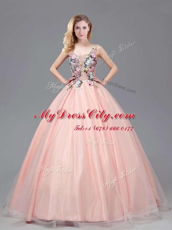 Fine Straps See Through Sleeveless Tulle Floor Length Criss Cross Vestidos de Quinceanera in Baby Pink with Appliques