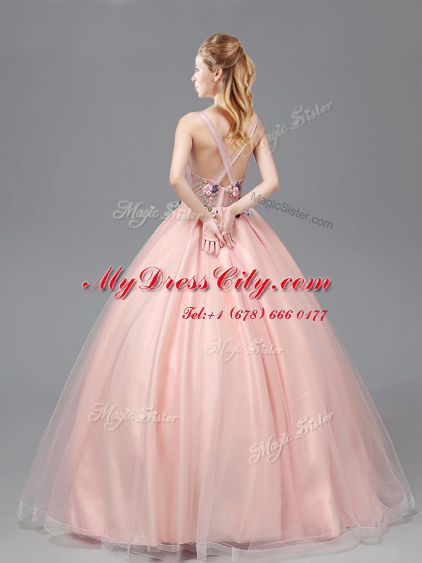 Fine Straps See Through Sleeveless Tulle Floor Length Criss Cross Vestidos de Quinceanera in Baby Pink with Appliques