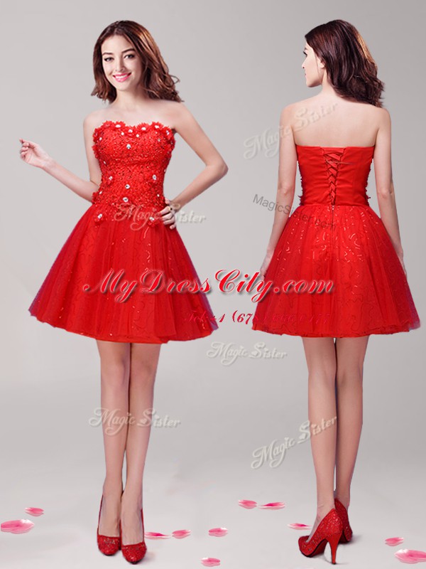 Red Tulle Lace Up Sweetheart Sleeveless Mini Length Dress for Prom Beading and Appliques