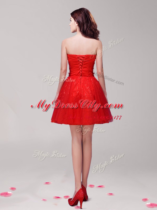 Red Tulle Lace Up Sweetheart Sleeveless Mini Length Dress for Prom Beading and Appliques