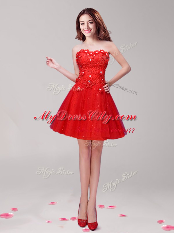 Red Tulle Lace Up Sweetheart Sleeveless Mini Length Dress for Prom Beading and Appliques