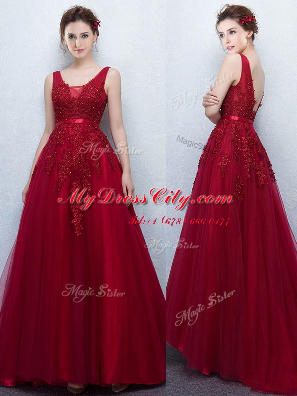 V-neck Sleeveless Tulle Homecoming Dress Appliques and Belt Brush Train Backless