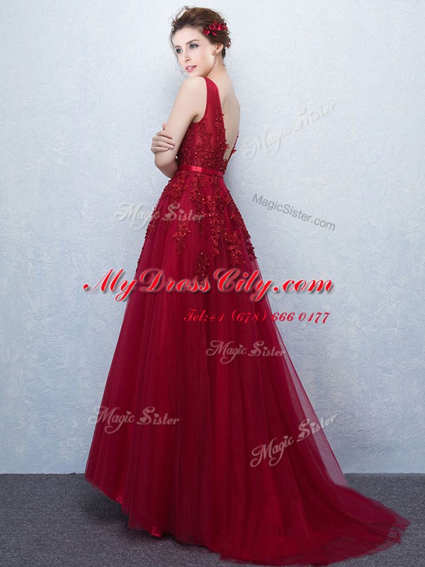 V-neck Sleeveless Tulle Homecoming Dress Appliques and Belt Brush Train Backless