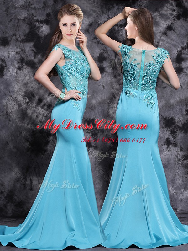 Mermaid Scoop Cap Sleeves Brush Train Appliques Zipper Prom Evening Gown