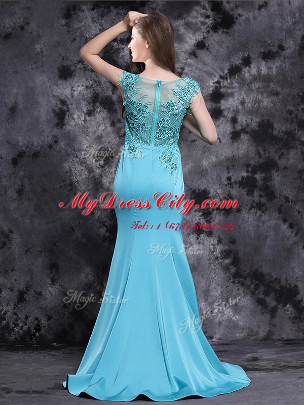 Mermaid Scoop Cap Sleeves Brush Train Appliques Zipper Prom Evening Gown