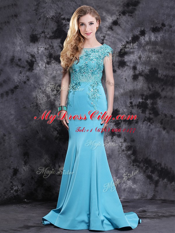 Mermaid Scoop Cap Sleeves Brush Train Appliques Zipper Prom Evening Gown