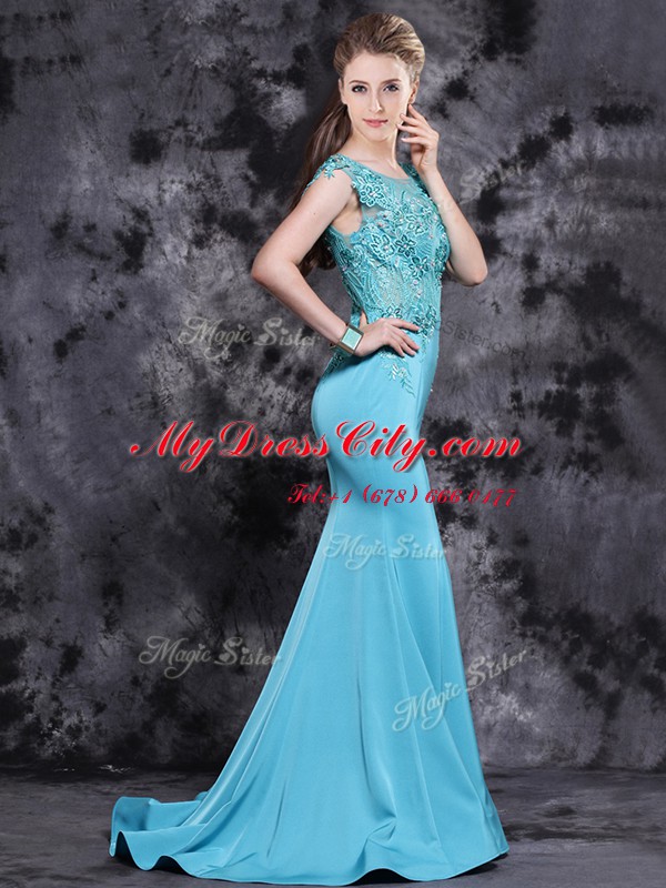 Mermaid Scoop Cap Sleeves Brush Train Appliques Zipper Prom Evening Gown