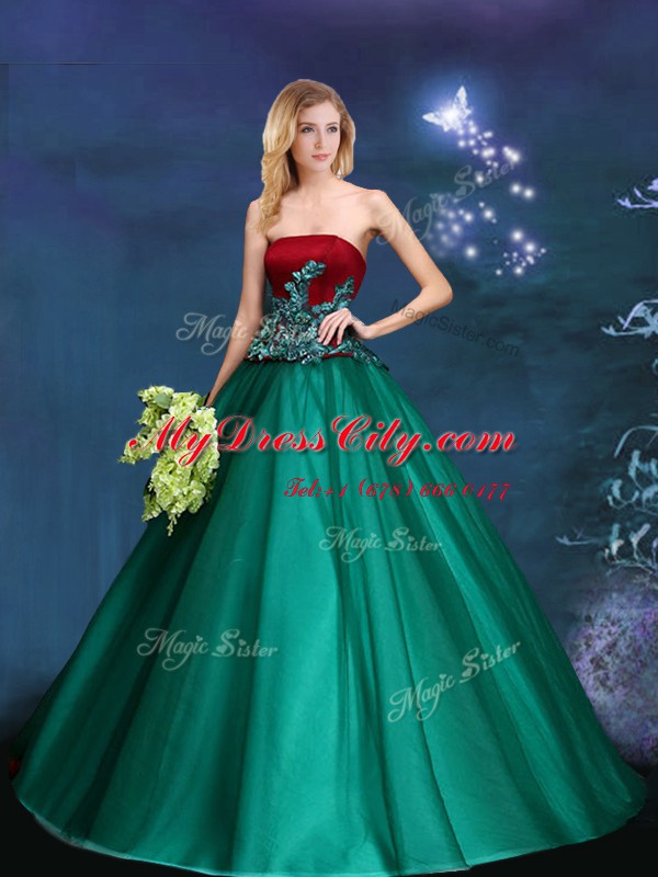 Luxurious Dark Green Strapless Neckline Appliques Quinceanera Gowns Sleeveless Lace Up