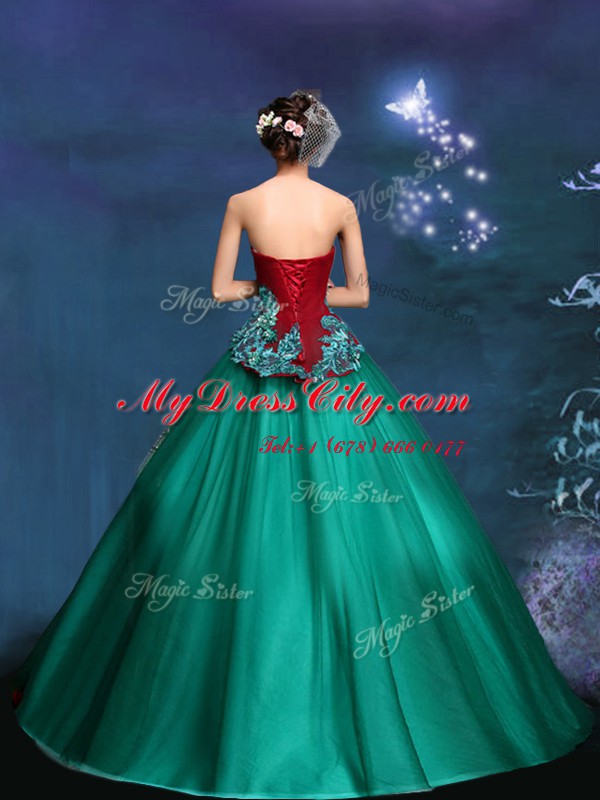 Luxurious Dark Green Strapless Neckline Appliques Quinceanera Gowns Sleeveless Lace Up