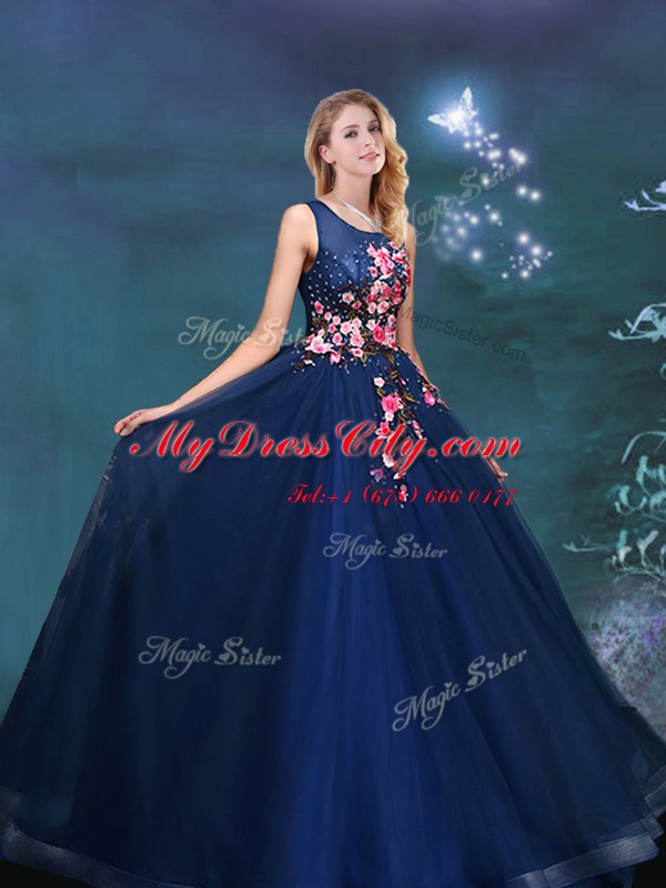 Scoop Navy Blue Lace Up Quince Ball Gowns Appliques Sleeveless Floor Length