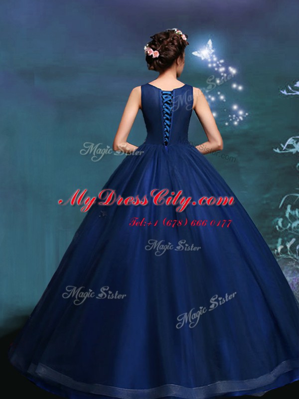 Scoop Navy Blue Lace Up Quince Ball Gowns Appliques Sleeveless Floor Length