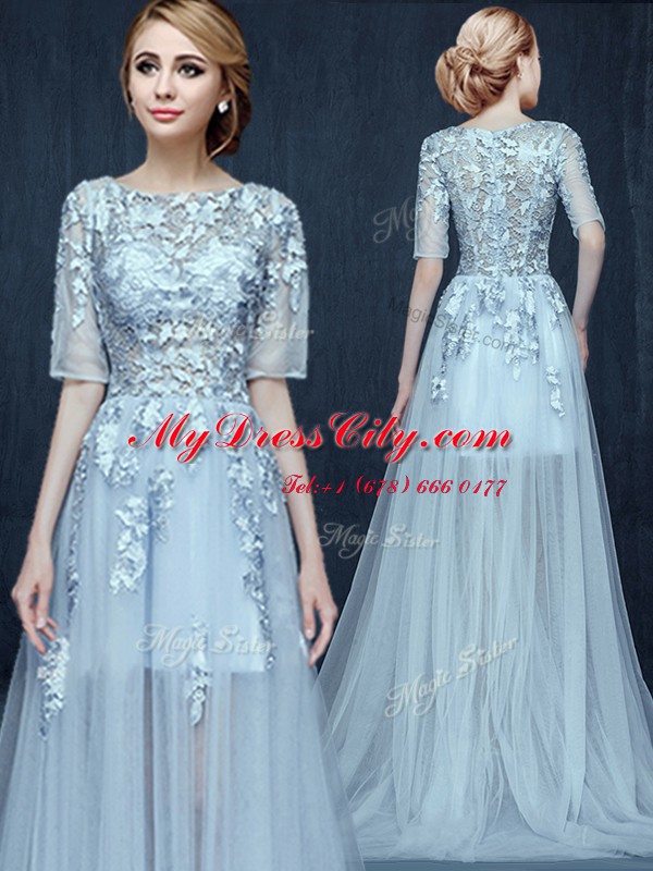 Colorful With Train Light Blue Prom Party Dress Scoop Half Sleeves Brush Train Zipper