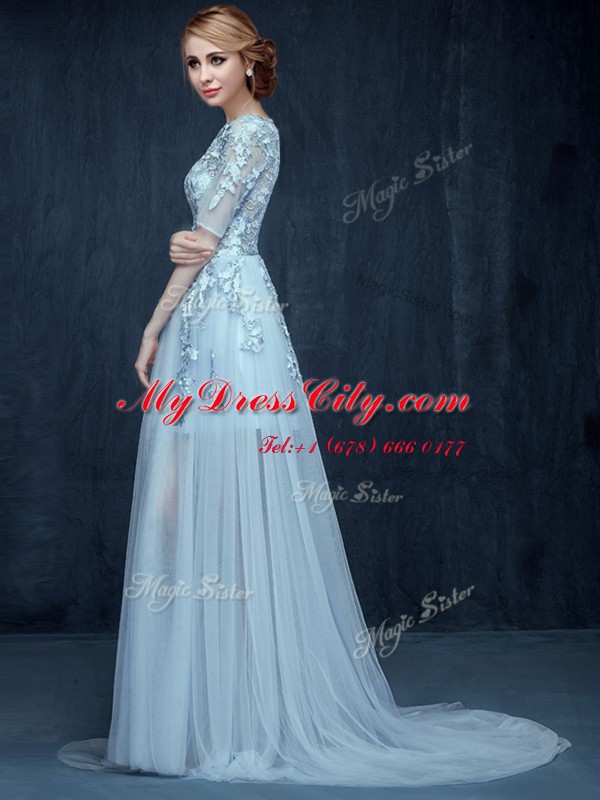 Colorful With Train Light Blue Prom Party Dress Scoop Half Sleeves Brush Train Zipper