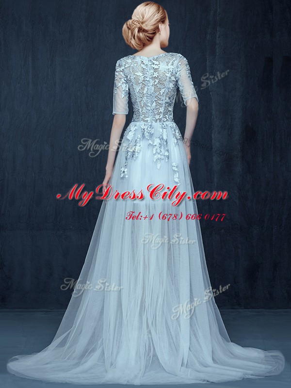 Colorful With Train Light Blue Prom Party Dress Scoop Half Sleeves Brush Train Zipper