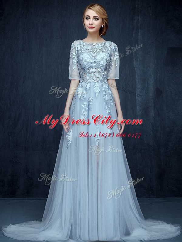 Colorful With Train Light Blue Prom Party Dress Scoop Half Sleeves Brush Train Zipper