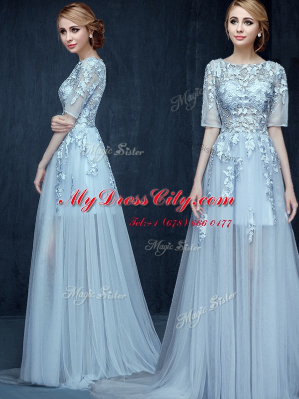 Colorful With Train Light Blue Prom Party Dress Scoop Half Sleeves Brush Train Zipper