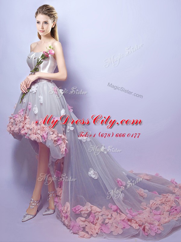 Grey A-line Sweetheart Sleeveless Tulle High Low Lace Up Appliques Celebrity Style Dress