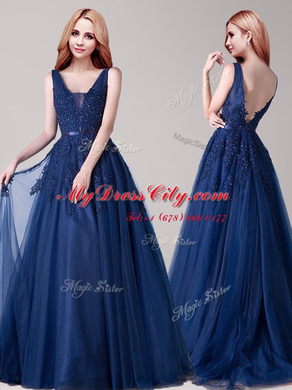 Chic Navy Blue A-line Tulle V-neck Sleeveless Appliques and Belt Floor Length Backless Prom Evening Gown