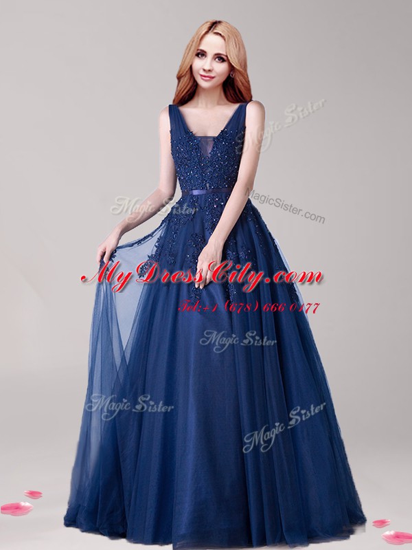 Chic Navy Blue A-line Tulle V-neck Sleeveless Appliques and Belt Floor Length Backless Prom Evening Gown