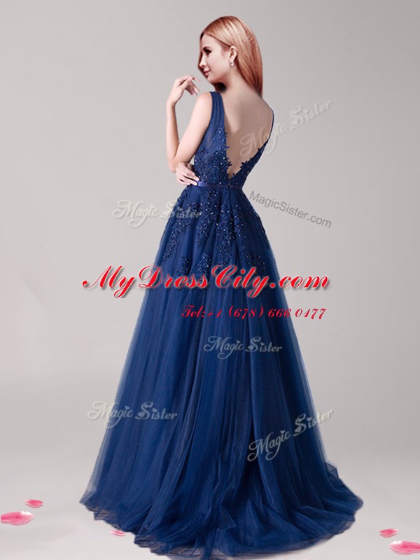 Chic Navy Blue A-line Tulle V-neck Sleeveless Appliques and Belt Floor Length Backless Prom Evening Gown