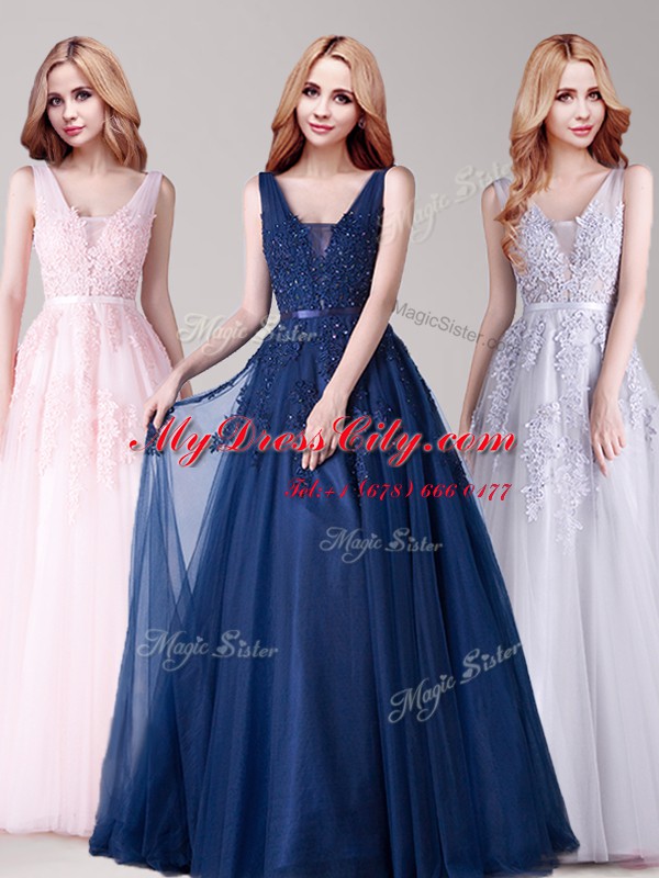 Chic Navy Blue A-line Tulle V-neck Sleeveless Appliques and Belt Floor Length Backless Prom Evening Gown