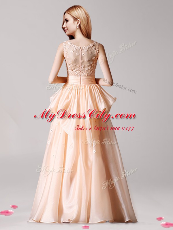 Gorgeous Scoop Champagne Zipper Pageant Dress for Teens Appliques and Pick Ups Sleeveless Floor Length