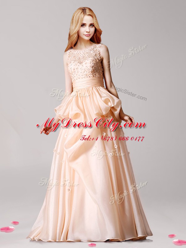 Gorgeous Scoop Champagne Zipper Pageant Dress for Teens Appliques and Pick Ups Sleeveless Floor Length