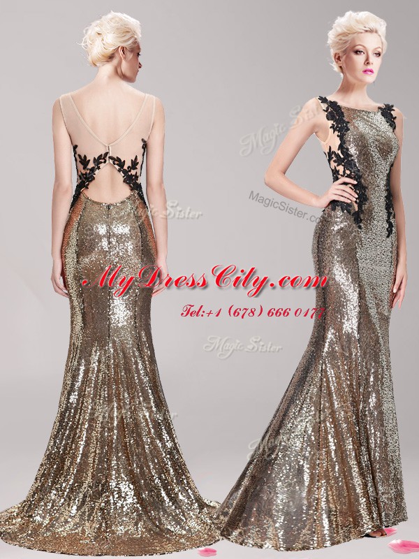 Fitting Mermaid Square Clasp Handle With Train Brown Evening Party Dresses Sequined Brush Train Sleeveless Appliques and Sequins