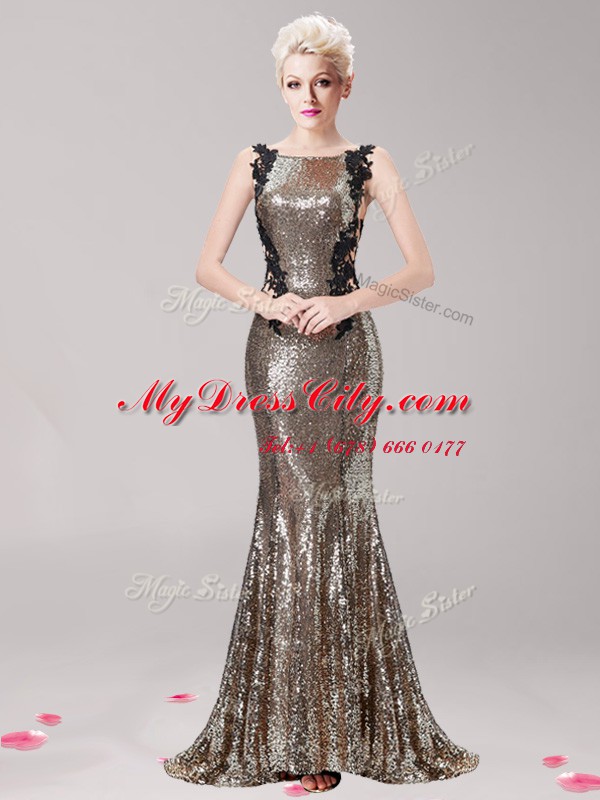 Fitting Mermaid Square Clasp Handle With Train Brown Evening Party Dresses Sequined Brush Train Sleeveless Appliques and Sequins