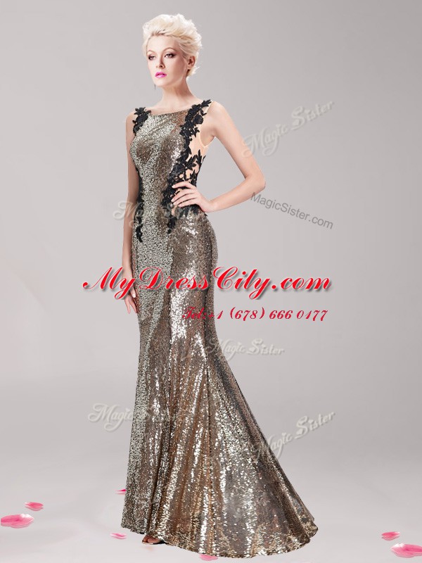 Fitting Mermaid Square Clasp Handle With Train Brown Evening Party Dresses Sequined Brush Train Sleeveless Appliques and Sequins