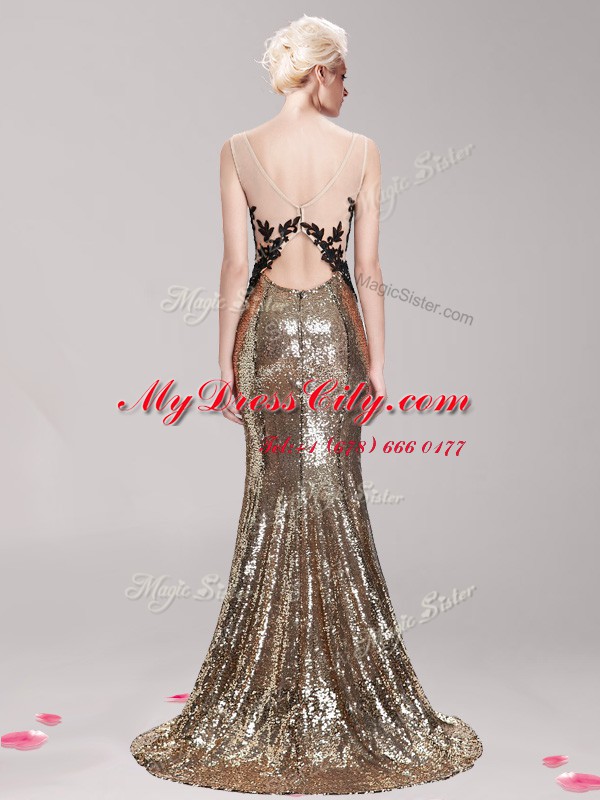 Fitting Mermaid Square Clasp Handle With Train Brown Evening Party Dresses Sequined Brush Train Sleeveless Appliques and Sequins