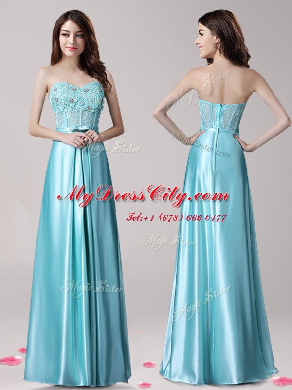 Hot Sale Aqua Blue Empire Elastic Woven Satin Sweetheart Sleeveless Beading and Appliques and Bowknot Floor Length Zipper Prom Party Dress