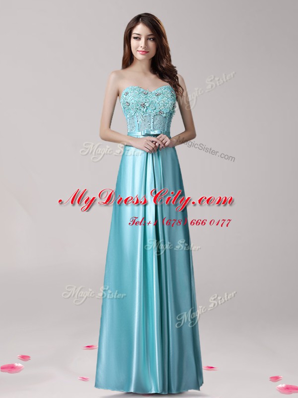 Hot Sale Aqua Blue Empire Elastic Woven Satin Sweetheart Sleeveless Beading and Appliques and Bowknot Floor Length Zipper Prom Party Dress