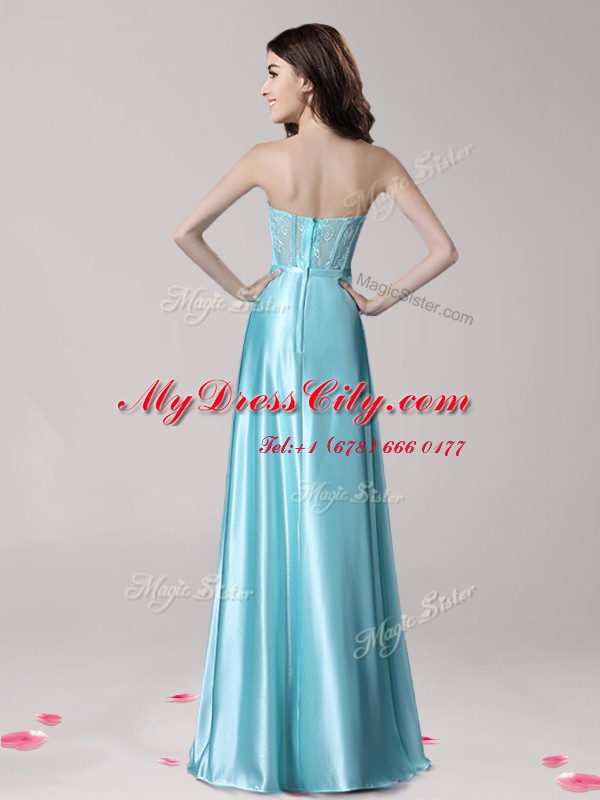 Hot Sale Aqua Blue Empire Elastic Woven Satin Sweetheart Sleeveless Beading and Appliques and Bowknot Floor Length Zipper Prom Party Dress