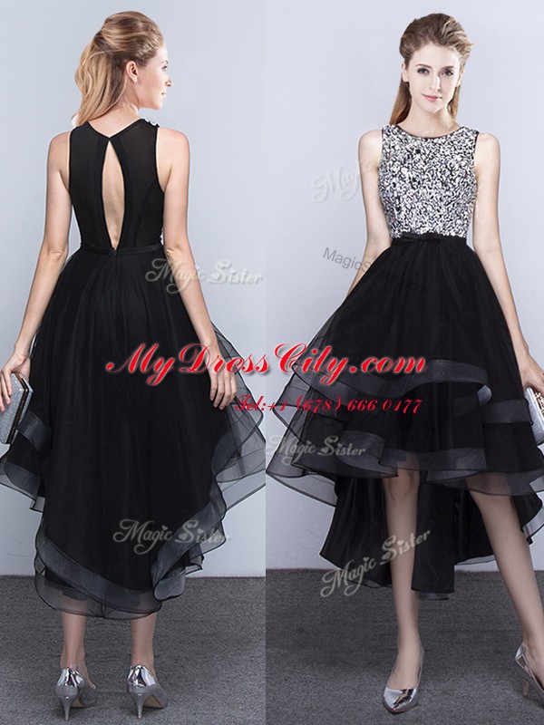 A-line Junior Homecoming Dress Black Scoop Tulle Sleeveless High Low Backless