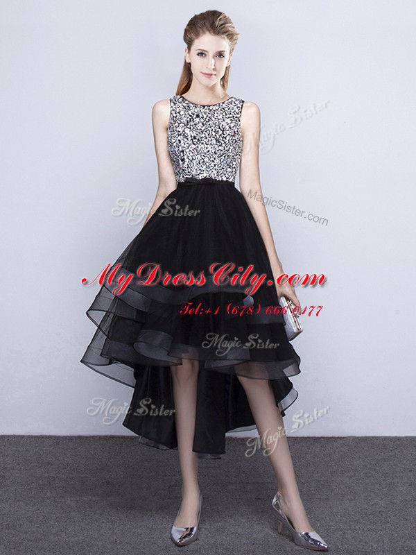 A-line Junior Homecoming Dress Black Scoop Tulle Sleeveless High Low Backless