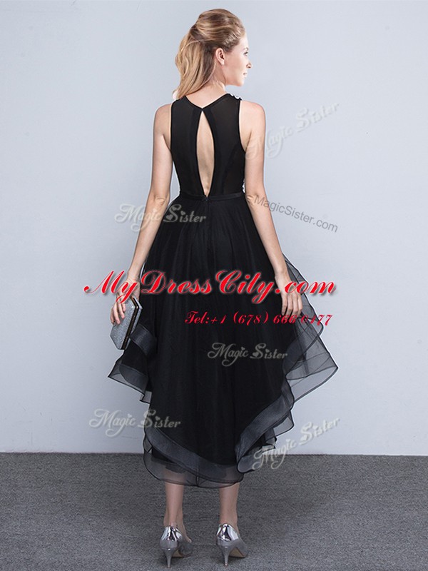 A-line Junior Homecoming Dress Black Scoop Tulle Sleeveless High Low Backless