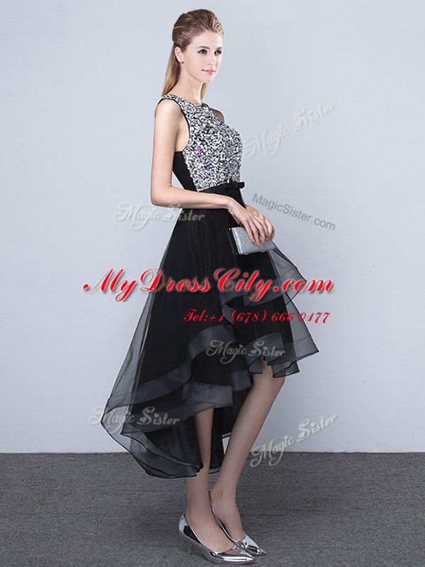 A-line Junior Homecoming Dress Black Scoop Tulle Sleeveless High Low Backless