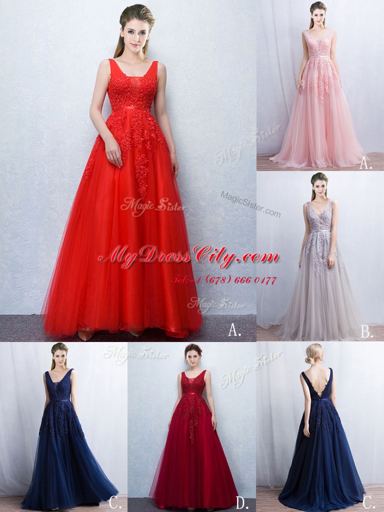 Stunning Red Backless V-neck Appliques and Belt Homecoming Dress Tulle Sleeveless Brush Train