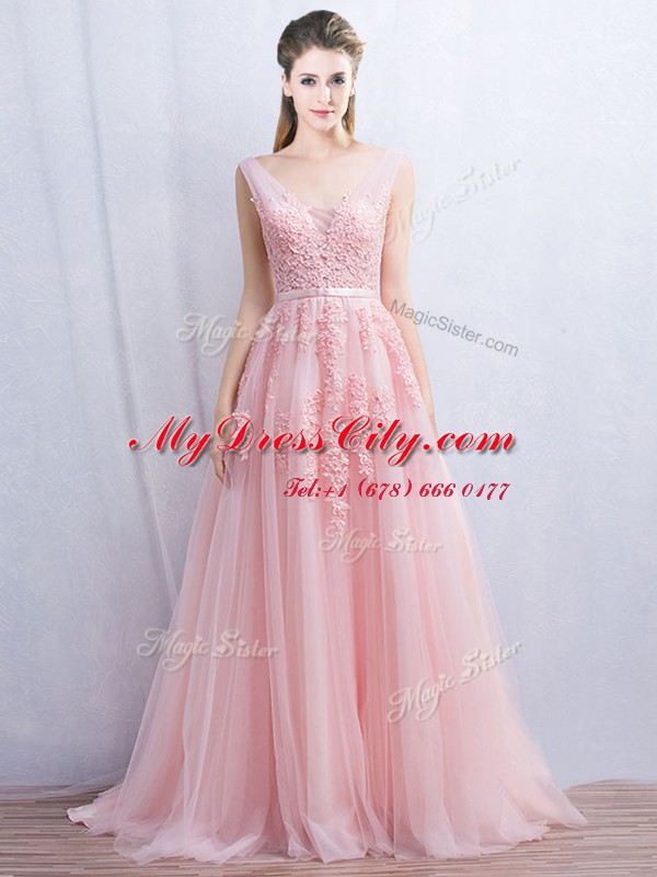 Stunning Red Backless V-neck Appliques and Belt Homecoming Dress Tulle Sleeveless Brush Train