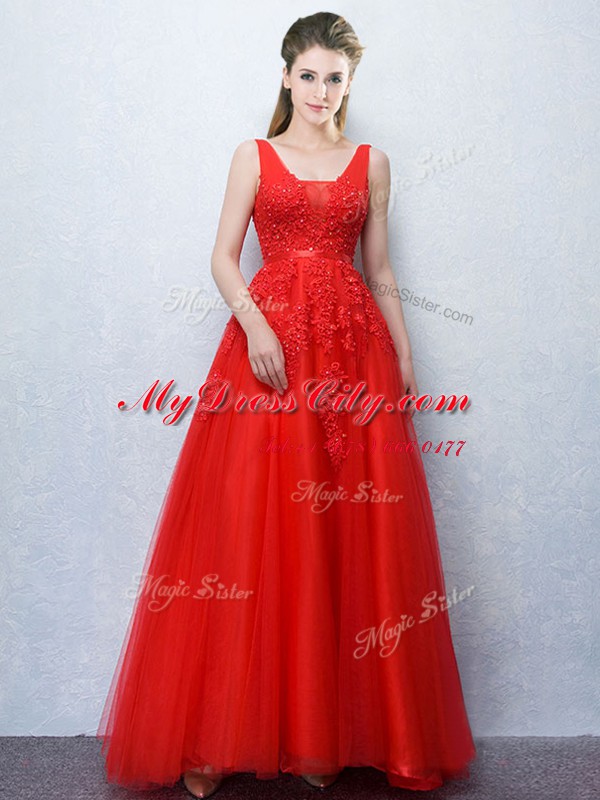 Stunning Red Backless V-neck Appliques and Belt Homecoming Dress Tulle Sleeveless Brush Train