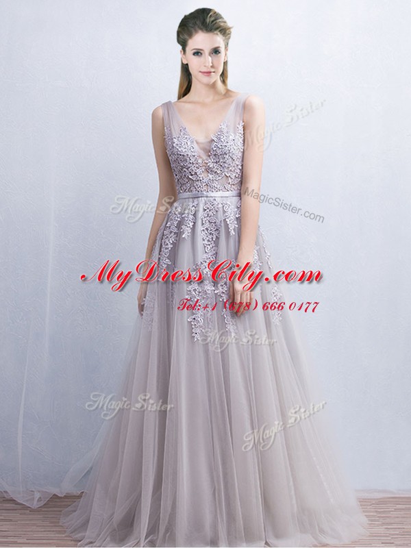 Stunning Red Backless V-neck Appliques and Belt Homecoming Dress Tulle Sleeveless Brush Train