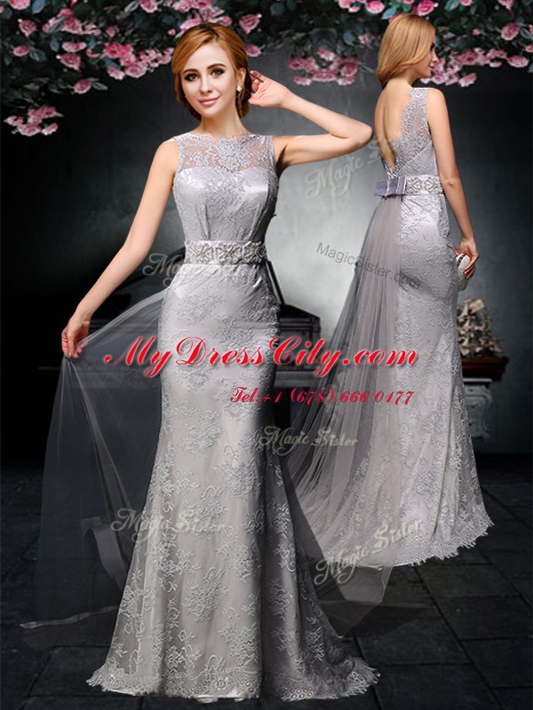 Fashion Watteau Train Column/Sheath Prom Dresses Grey Bateau Tulle and Lace Sleeveless With Train Backless