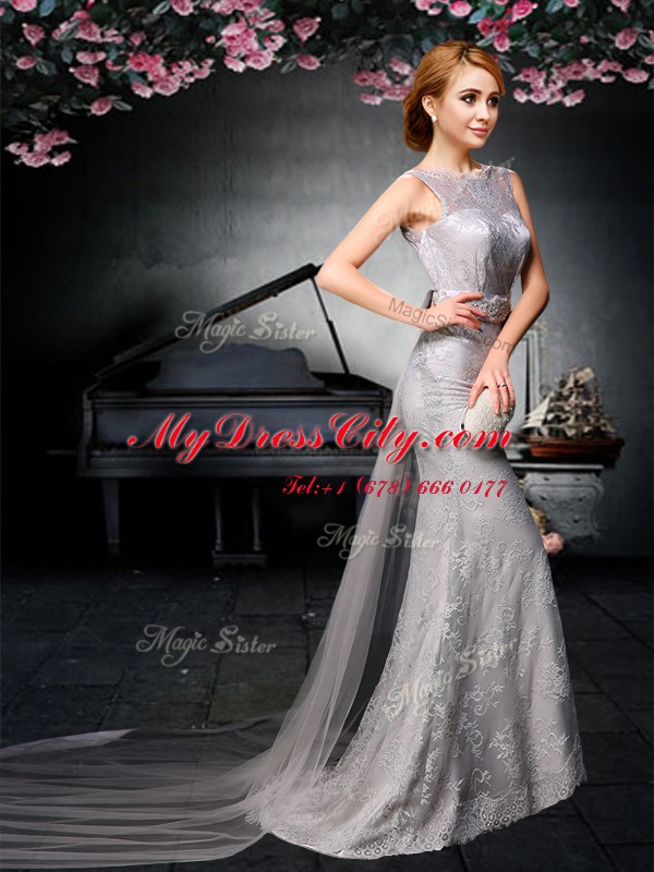 Fashion Watteau Train Column/Sheath Prom Dresses Grey Bateau Tulle and Lace Sleeveless With Train Backless