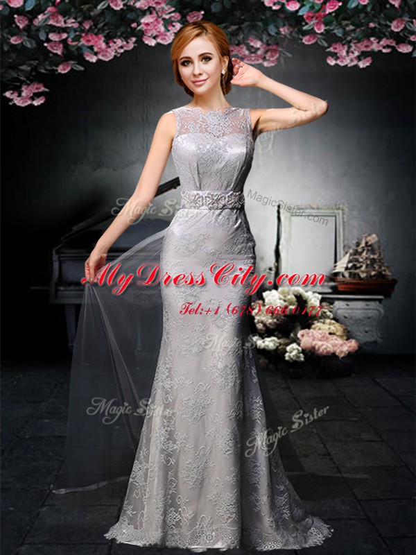 Fashion Watteau Train Column/Sheath Prom Dresses Grey Bateau Tulle and Lace Sleeveless With Train Backless