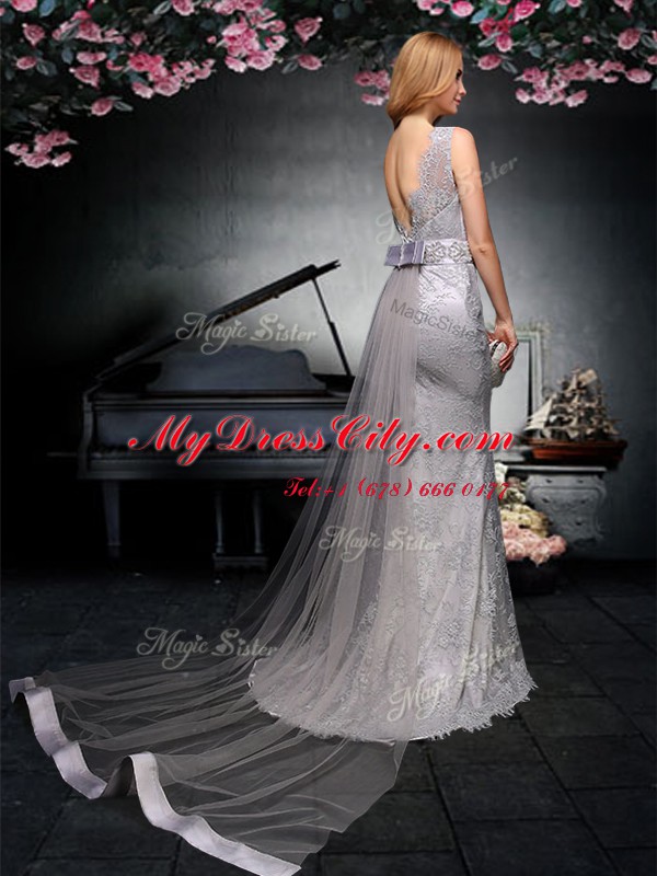 Fashion Watteau Train Column/Sheath Prom Dresses Grey Bateau Tulle and Lace Sleeveless With Train Backless