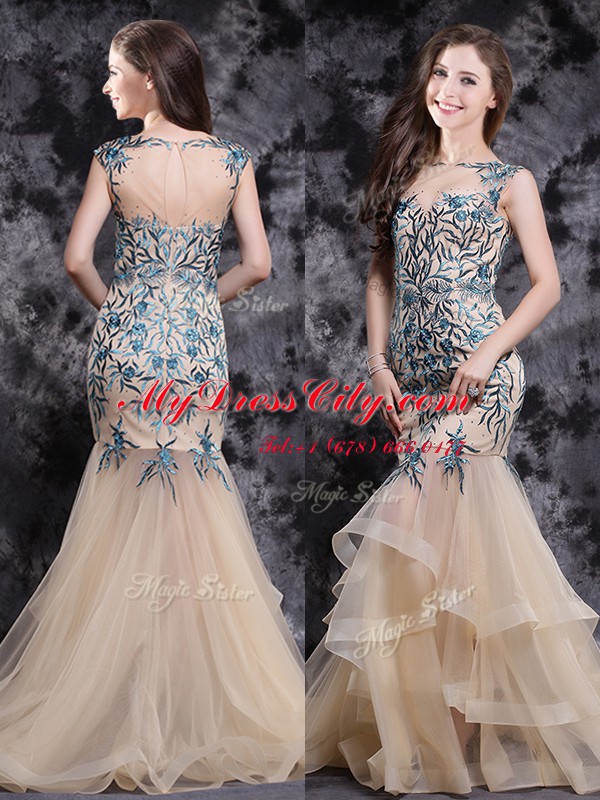 Custom Made Mermaid Appliques and Ruffles Pageant Dress for Teens Champagne Zipper Sleeveless With Brush Train