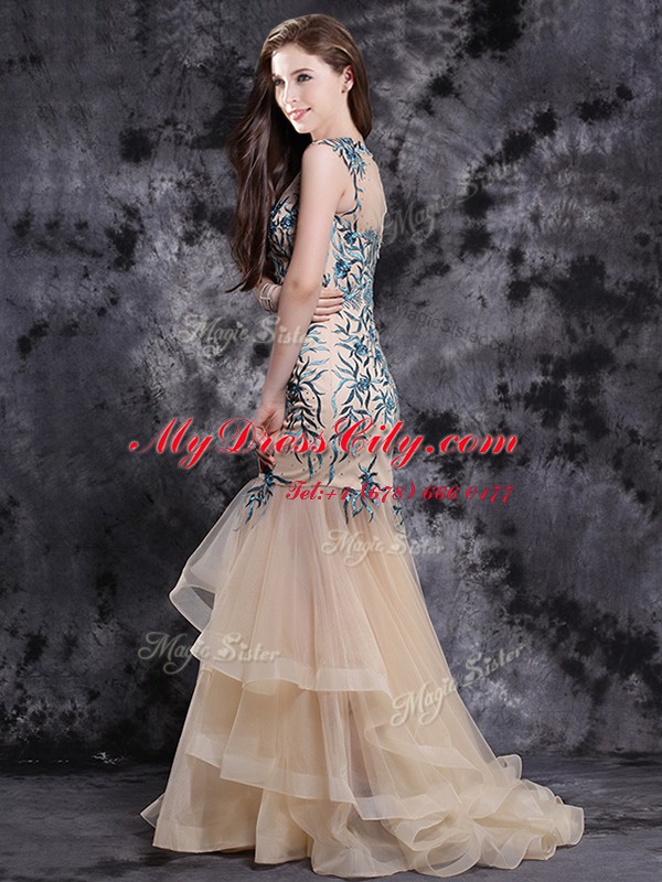 Custom Made Mermaid Appliques and Ruffles Pageant Dress for Teens Champagne Zipper Sleeveless With Brush Train