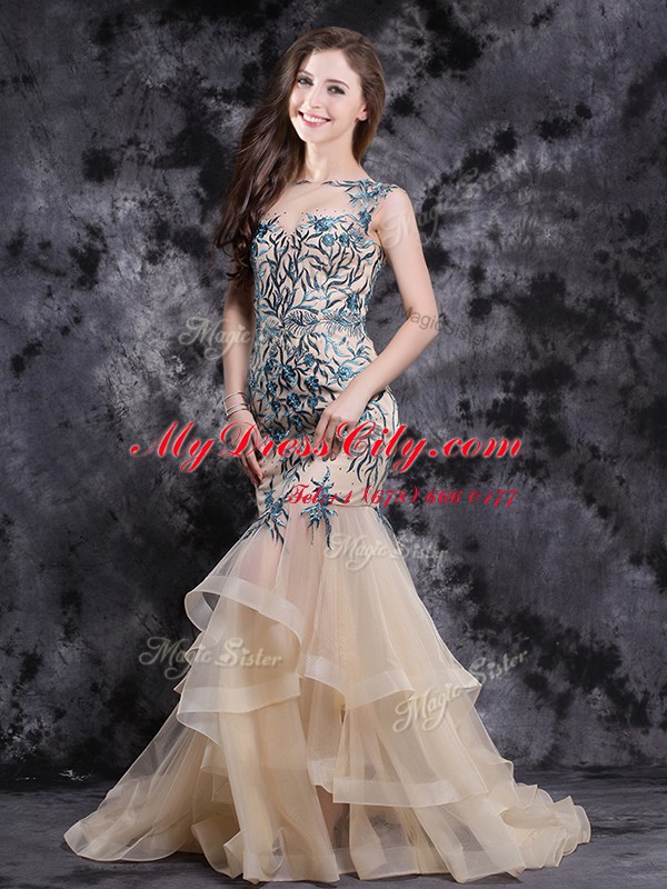 Custom Made Mermaid Appliques and Ruffles Pageant Dress for Teens Champagne Zipper Sleeveless With Brush Train