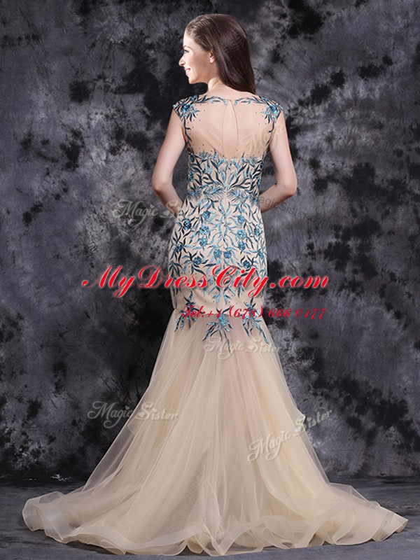 Custom Made Mermaid Appliques and Ruffles Pageant Dress for Teens Champagne Zipper Sleeveless With Brush Train